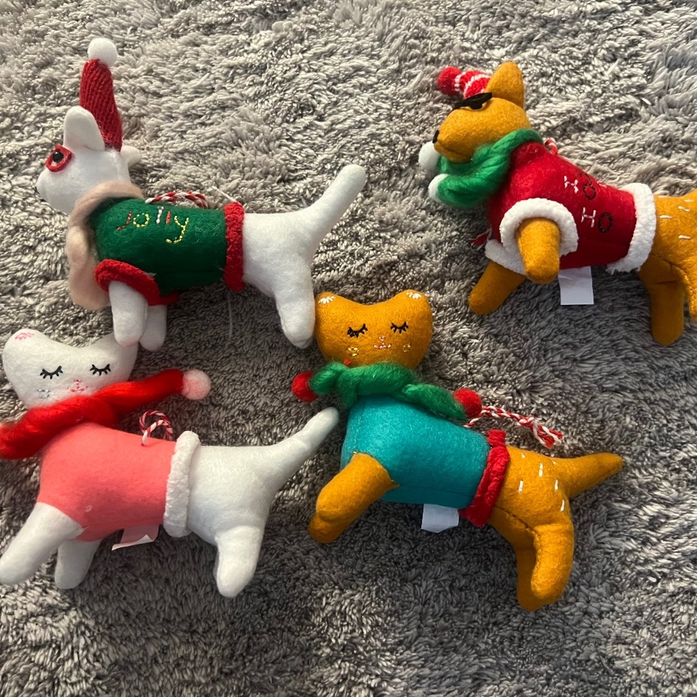 4 cats and dogs Christmas ornaments